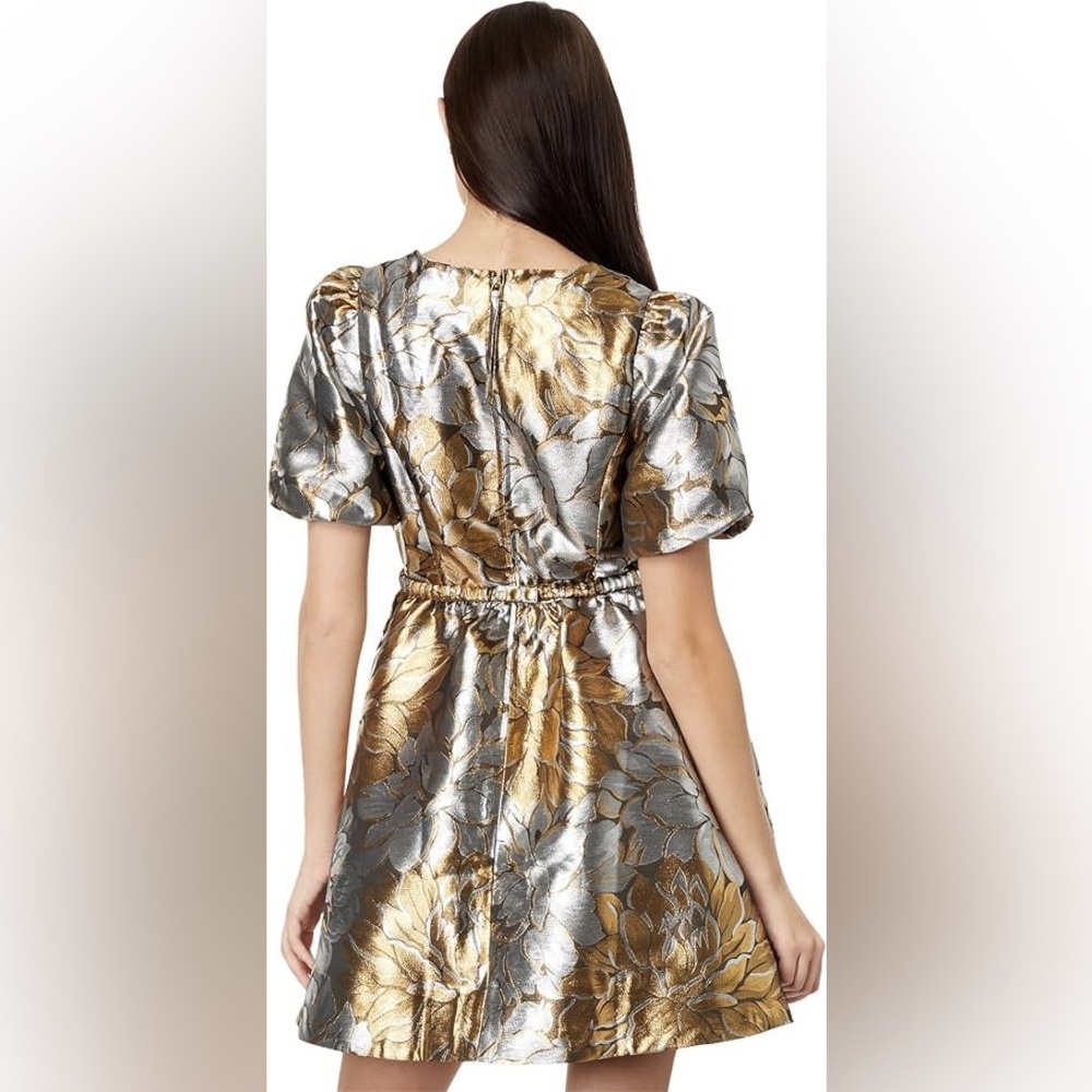 Lilly Pulitzer Priyanka Short Sleeve Dress In Gold Metallic Peony Parade Brocade - Picture 3 of 17